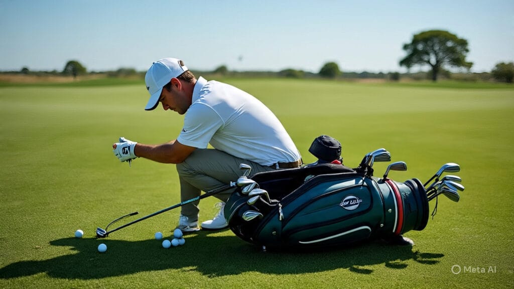 Golfer Laying Out All His Golf Equipment on the Golf Course