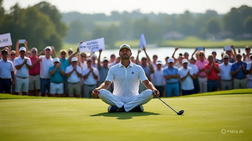 Golfer Meditating Before a Golf Shot in Front of a Crowd of Fans