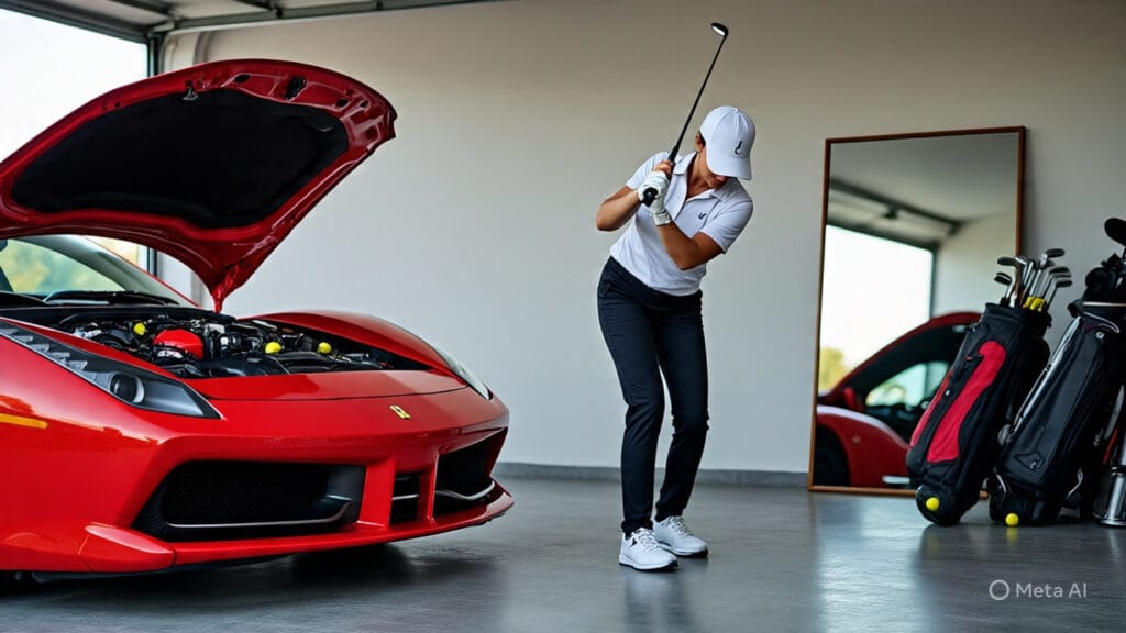 Golfer Practicing Her Golf Swing in the Garage Next to a Ferrari