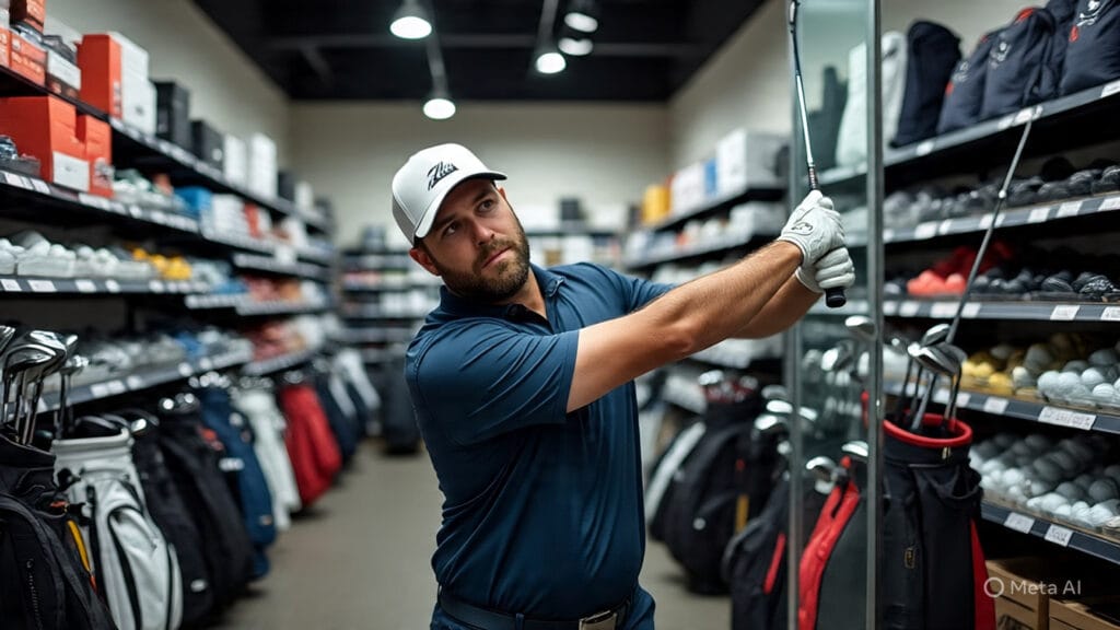 Golfer Testing Out Golf Clubs Inside a Golf Equipment Store