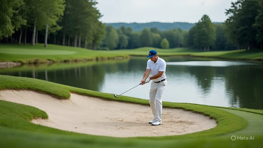 Golfer Trying to Hit a Golfball from a sand trap Over the Lake