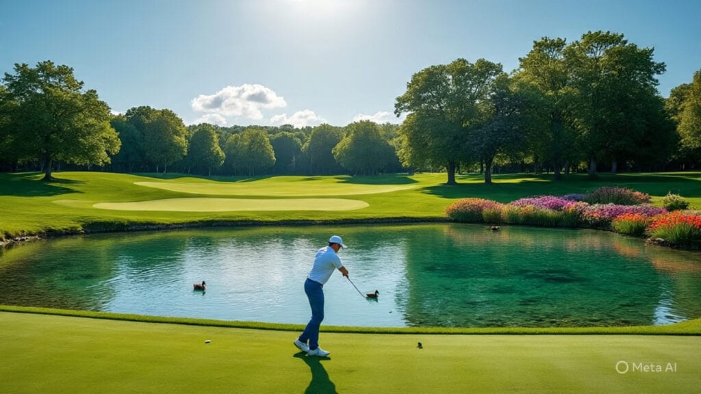 Golfer Trying to Hit a Shot Over a Huge Pond