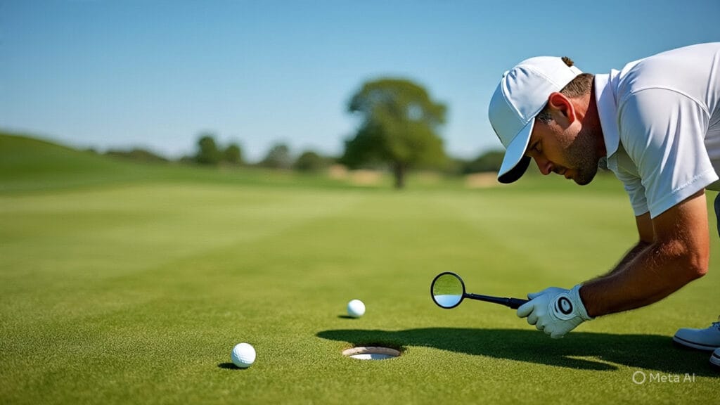 Golfer Using a Magnifying Glass to Examine the Hole