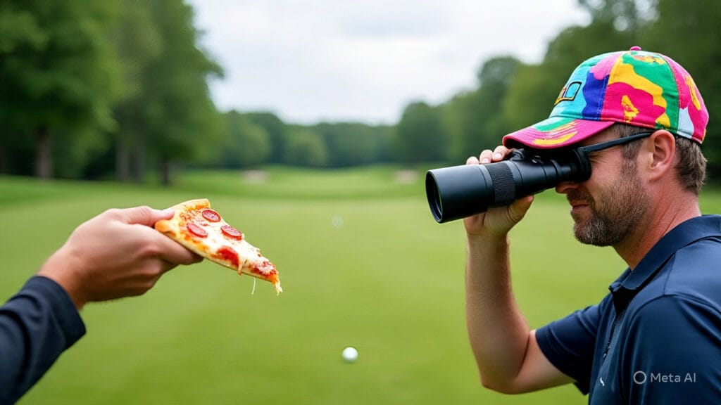 Golfer Wearing Funny Hat and Looking at the Hole With Binoculars While Eating a Pizza