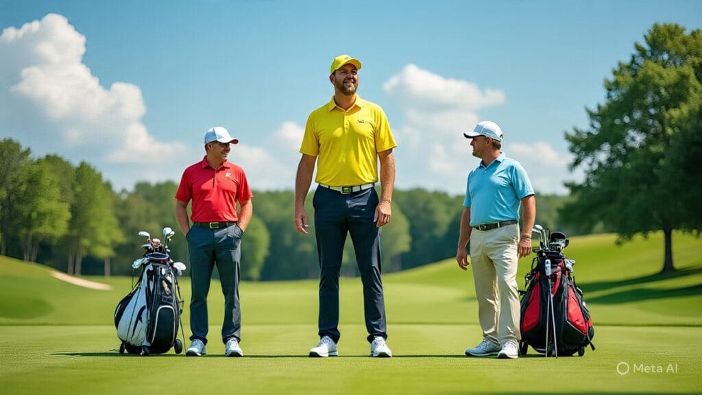 Extremely Tall Golfer Standing with his Golfing Buddies