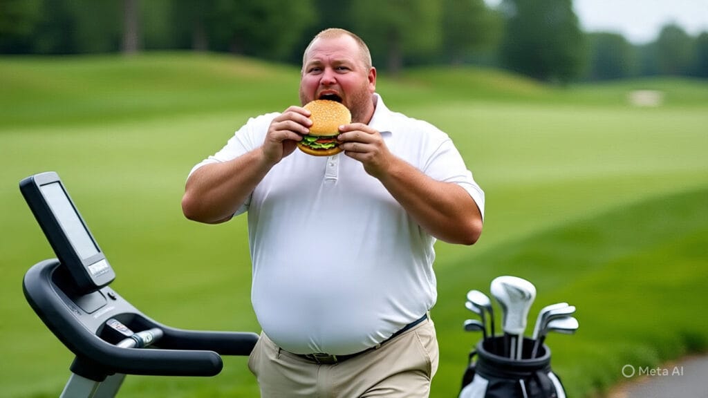 Fat Golfer Eating a Burger on a Treadmill by the Golf Course