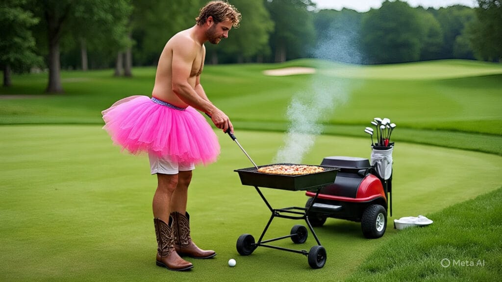 Golfer Barbecuing Pizza While He Wears a Tutu and Cowboy Boots and Cutoff Shorts