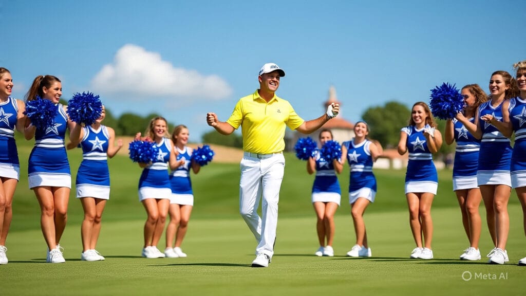 Golfer Dancing on the Green with Cheerleaders from the Dallas Cowboys
