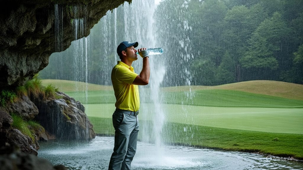 Golfer Drinking from a Water Bottle While Standing Under a Waterfall and Putting in the Rain