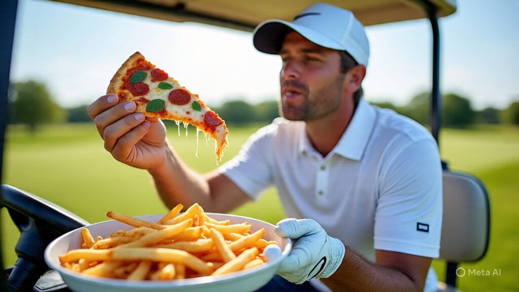 Golfer Eating Pizza and French Fries While Putting