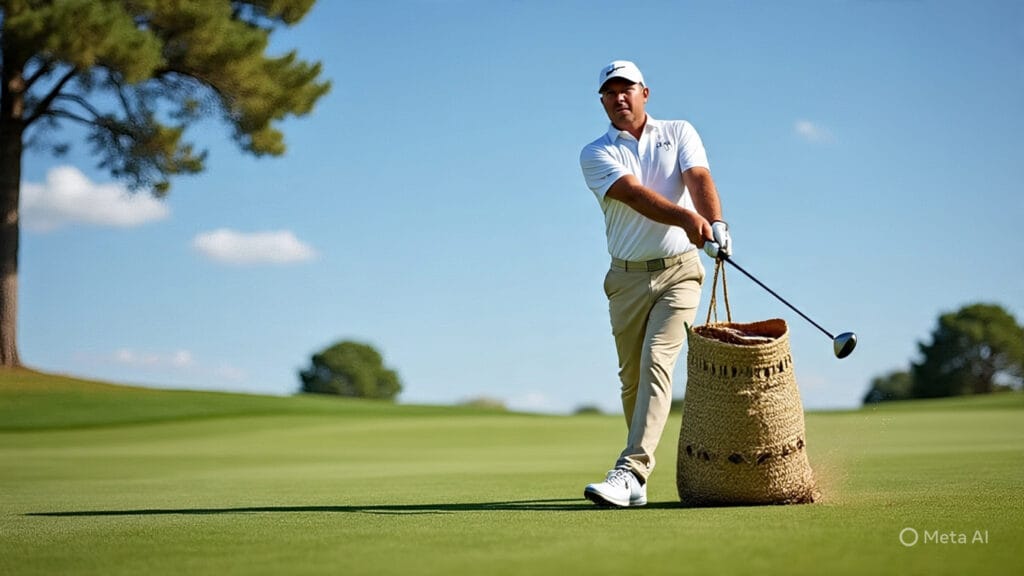 Golfer Golfing with a Feed Bag Hanging from his Neck