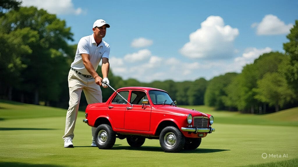 Golfer Lifting a Car on the Golf Course with his Golf Club