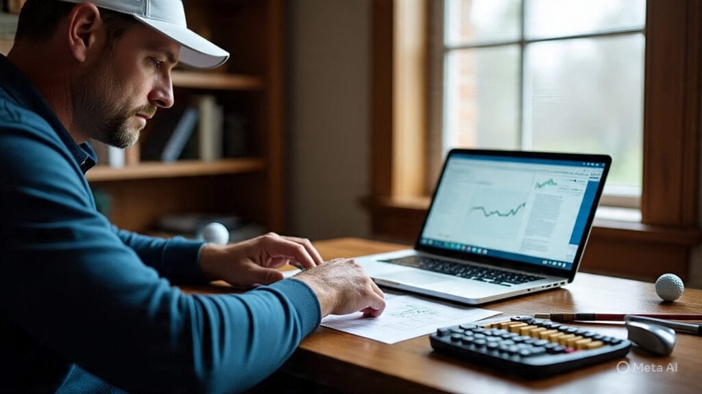 Golfer Using a Spreadsheet and a Calculator and an Abacus to Keep Track of his Golf Scores and Golf Skills Progress