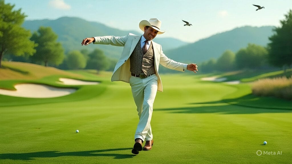 Golfer Wearing a Three Piece Suit and Cowboy Boots and Dancing on the Golf Course in Celebration