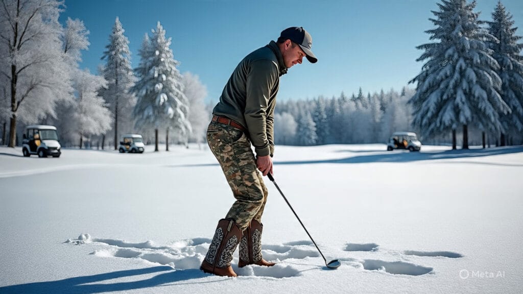 Golfer Wearing Funny Hat and Looking at the Hole With Binoculars While Eating a Pizza
