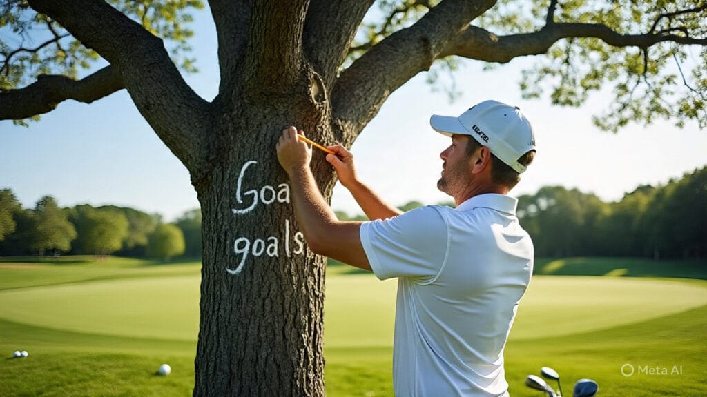 Golfer Writing his Goals on a Tree on the Golf Course