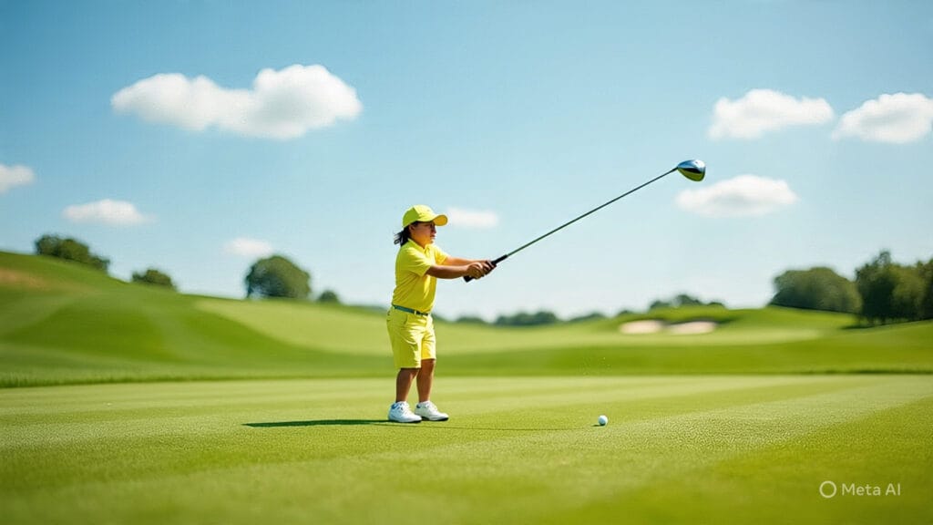 Very Short Golfer with Long Golf Clubs Making a Golf Shot