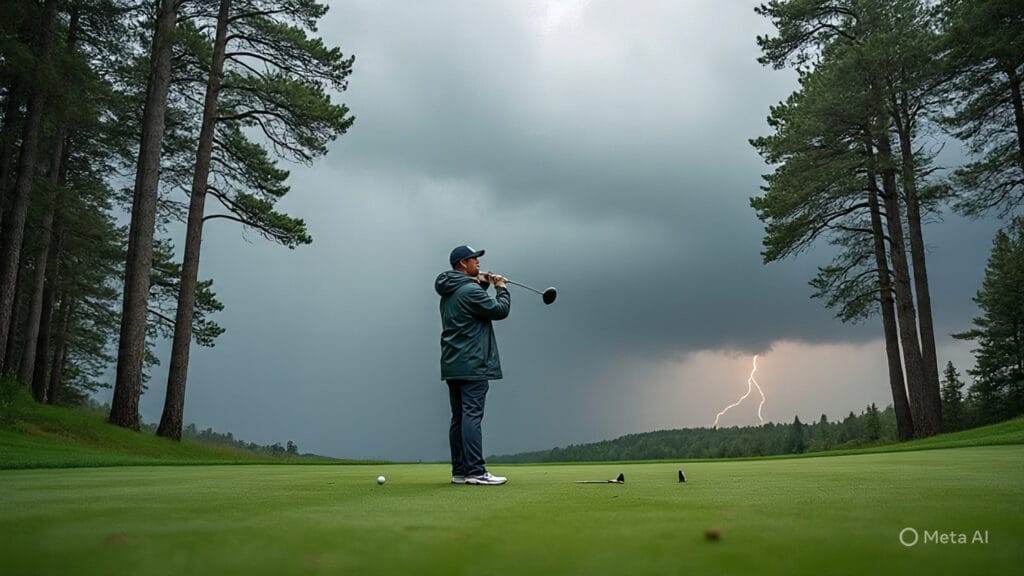Golfer Adjusting His Swing on a Very Windy and Stormy Day