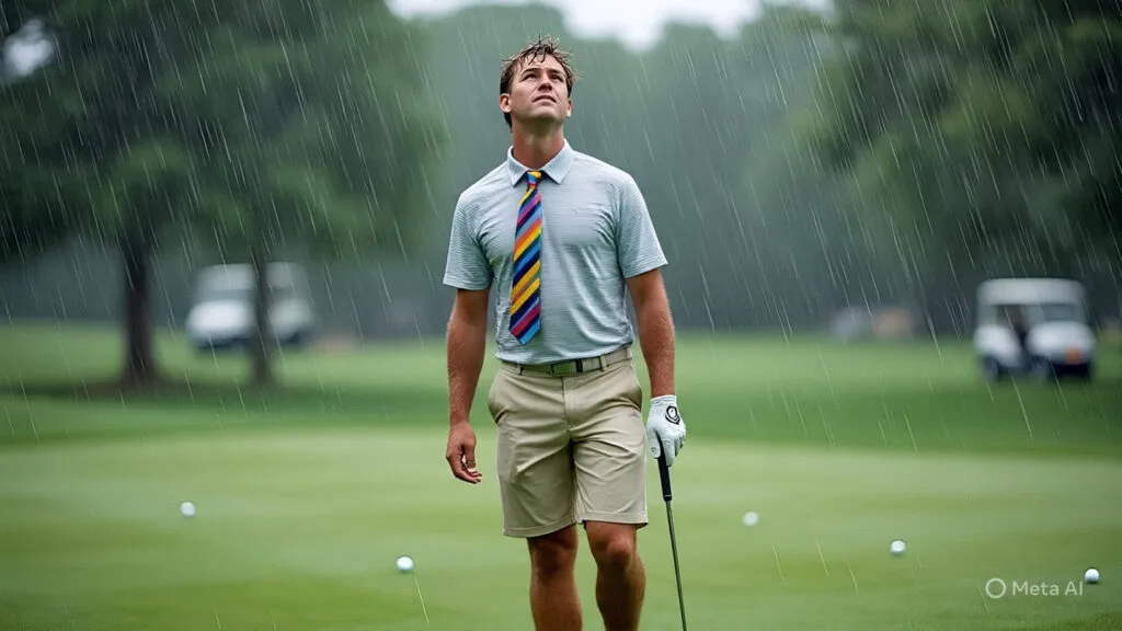 Golfer Wearing Shorts and a Tee-shirt with a Tie and Golfing on a Rainy Day
