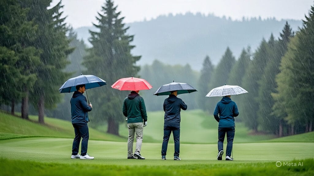 Golfers Golfing on a Rainy and Windy Day but Still Having Fun