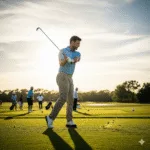 A Golfer Displaying His Perfect Golf Swing on the Practice Range